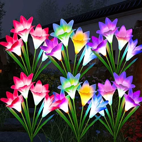 ZYLiWoo-Solar Virág Lámpák, 6 db Kerti Liliom Virág Lámpák, Multi színváltó LED 24 Virág Liliom Virág Napelemes Kerti Tét Virág