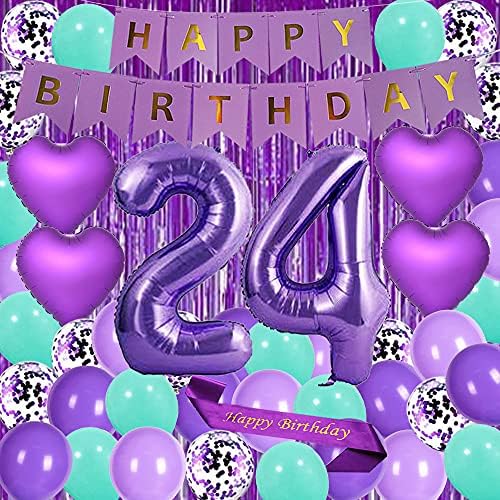 Lila 24-ÉN születésnapi Party Dekorációk, Kellékek Lila téma Boldog Szülinapot szárny 40inch Fólia Lufi, 24-es Szív Fólia Lufi