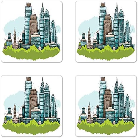Lunarable Philadelphia Skyline Alátét Készlet Négy, Egyszerű, Vázlatos Kézi Rajz a Város Felhőkarcolók Üzleti Negyed, Négyzet Farostlemez