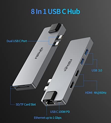 USB-C Hub Többportos Adapter MacBook Pro 2019/2018/2017, 8 az 1-ben USB-C-Dual-HDMI Adaptert, 4K 60Hz, 1gb Ethernet, SD/TF Kártya Olvasó