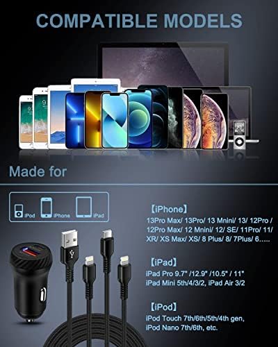 iPhone Autós Töltő Lightning Kábel Kompatibilis az iPhone 14/13 Pro Max 12 11, Ipad Air/Mini/pro, Airpod Pro, USB Autó szivargyújtó