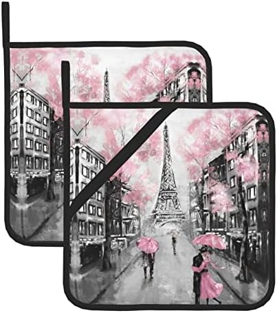 Párizsi Utcai Torony Rózsaszín Virágos Tér Szigetelt Pan Pad-8x8 Cm (Két Darab) Vastag, Meleg-Ellenálló Szigetelés.