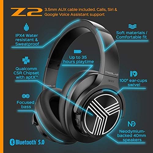 TREBLAB Z2 | Vége Fül Edzés Fejhallgató Mikrofon | Bluetooth 5.0, Aktív zajszűrő (ANC) | Akár 35H az Akkumulátor élettartamát