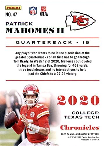 2020 Panini Krónikák Bázis 47 Patrick Mahomes II. Kansas City Chiefs NFL Labdarúgó-Trading Card