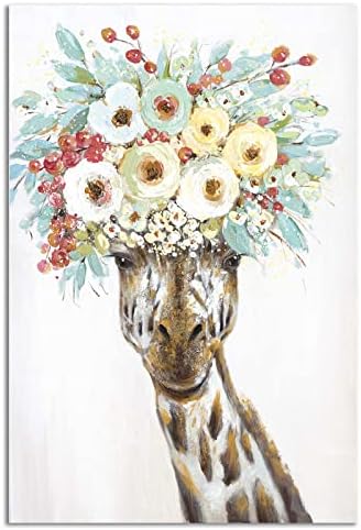 CSWMZQZY Zsiráf Dekoráció Aranyos Zsiráf Feje Virágokkal 3d Kézzel készített olajfestmény, Állatos Képek Tökéletes Gyerekszoba Dekoráció, Keretes