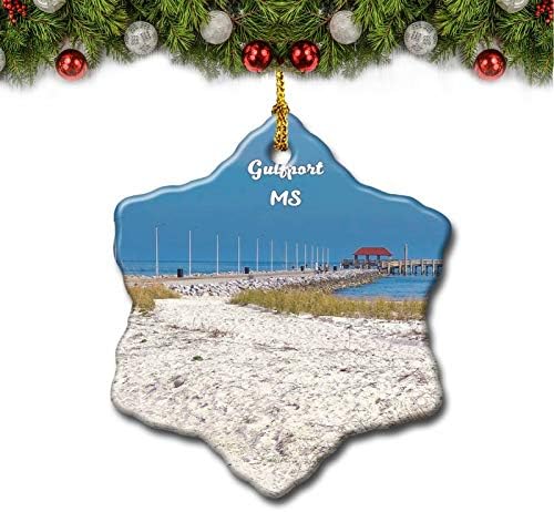 Umsufa Gulfport Pier Mississippi USA karácsonyfa Dísz, Utazás, Ajándék, Ajándéktárgy 3 Inch Porcelán Dupla Oldalon