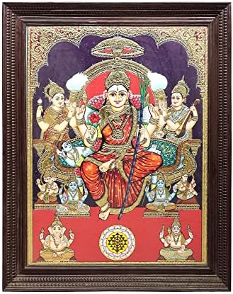 Egzotikus India 43 x 55 Istennő Rajarajeshwari Tanjore Festmény | Hagyományos Színek, 24 karátos Arany | Tíkfa Fram