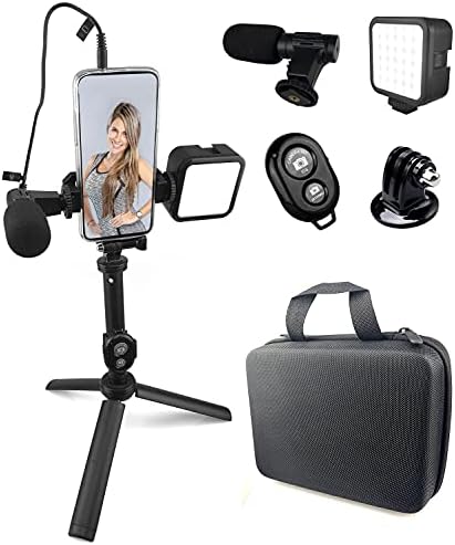 Acuvar HD Vlogging Kit w/Alumínium Állvány, Összecsukható LED Gyűrű Fény, Shotgun AUX Mikrofon & Rugalmas Forgó Telefon tartó