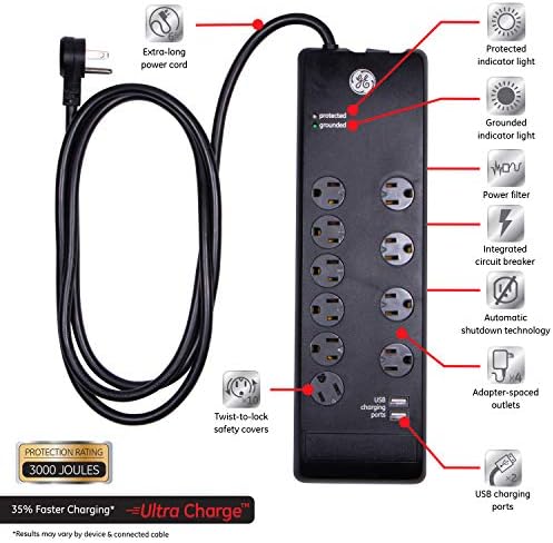 GE 4-Outlet túlfeszültségvédő, 2 USB Port, 6 Ft Tápkábel, 450 Joule, 37465 & GE UltraPro 10-Outlet túlfeszültségvédő, 2 USB