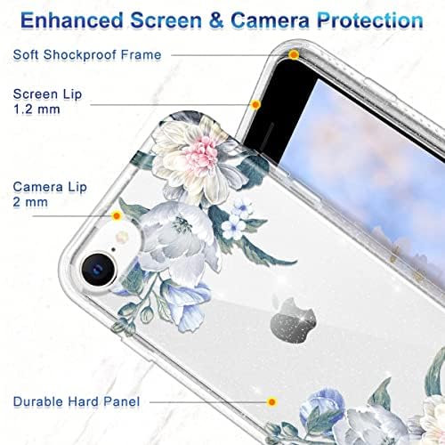 Lamcase Kompatibilis az iPhone SE 2020 Esetben,iPhone SE 2022 Esetében,2 képernyővédő fólia+2 Kamera Lencséjét Védő Virágos Világos, Csillogó,