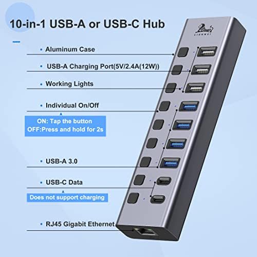 Powered USB 3.0/USB-C-Hub,10-Port USB Elosztó Ethernet Port, 3 USB Töltő, 4 USB-A 3.0, 2 USB C Adatátvitel, Egyedi Be/Ki Kapcsoló