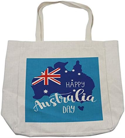 Ambesonne Ausztrál Fél Bevásárló Táska, Betűk Ausztrália Nap Szavak Zászló Térképen a Kék Árnyalatai, Környezetbarát, Újrafelhasználható