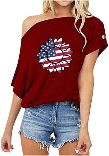 QCEMENI Női Függetlenség Napja Ing, Alkalmi Amerikai Zászló Napraforgó Blúzok Gomb Le Váll Maximum Rövid Ujjú T-shirt
