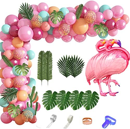 124Pcs Trópusi Flamingo Léggömb Arch Garland Készlet 40 Flamingo Lufi Forró Rózsaszín Lufi, Konfetti, Trópusi pálmalevelekből