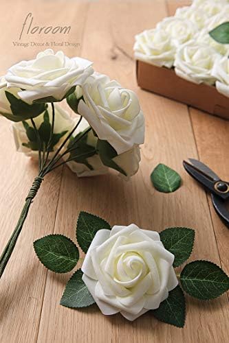 Floroom művirágok 25pcs Igazi Keres Elefántcsont Hab Hamis rózsáit Szárral együtt DIY Esküvői Csokrok Fehér Menyasszonyi Zuhany Asztaldíszek
