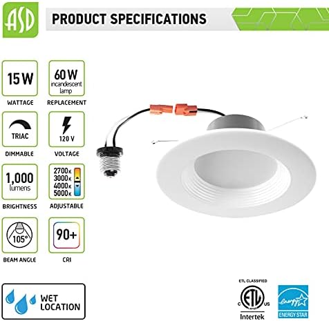 ASD Retrofit LED Süllyesztett Lámpa 6 hüvelyk, 15W -60W Eqv, 1000Lm Nedves Névleges Szabályozható LED, 4CCT 2700-5000K, Zavarba ejti,