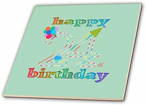 3dRose Boldog 24-én Születésnapom, Süti a Gyertyát, Lufi, Kalap, Színes - Csempe (ct_352389_1)