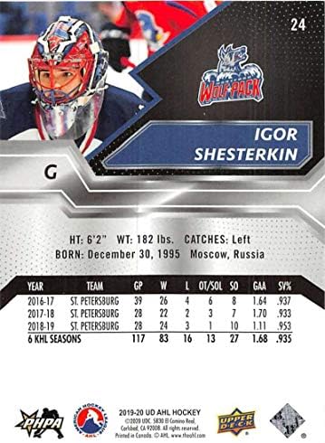2019-20 Felső szint, az ahl 24 Igor Shesterkin RC Újonc Hartford Farkas Falka Jégkorong Trading Card