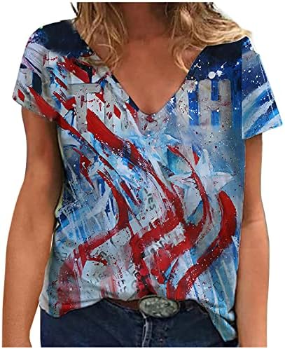 FFENYAN Amerikai Zászló Tshirt Női Rövid Ujjú, V Nyakú Póló Hazafias Maximum július 4-Ujjatlan USA Póló