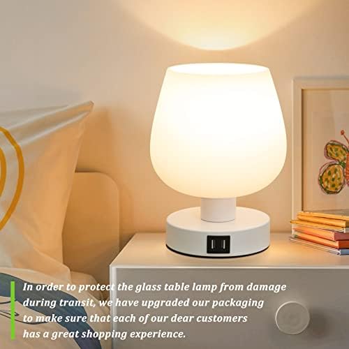 Touch Control Éjjeliszekrény Lámpa, 2 USB Port, Szabályozható Kis Éjjeliszekrény Lámpa Hálószoba, Modern asztali lámpa, Fehér Üveg Lámpabúra,