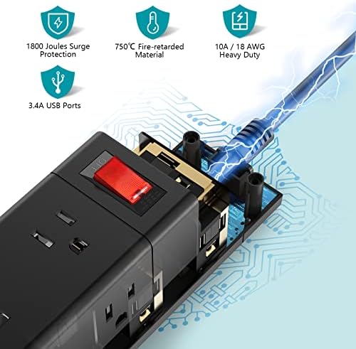 2Pack túlfeszültségvédő elosztó USB-C, Fararaka 6.5 FT Hosszabbító Kábel Lapos Dugó 6 Üzletekben, 3 USB Port, Falra Szerelhető
