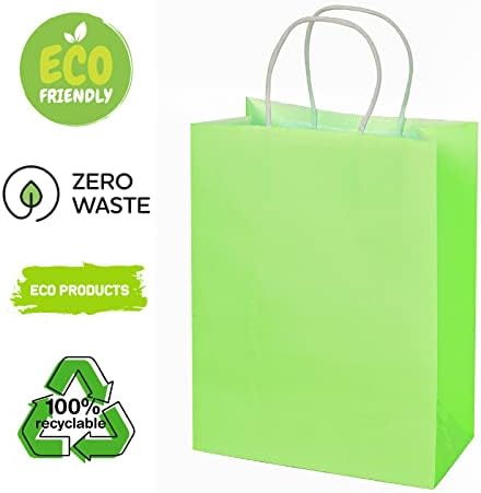 ECOptimize Kraft Papír Táskák Kezeli, 30 DB 10x5x13 Light Green - Környezetbarát, Compostable & Újrahasznosítható Ajándék Táskák a