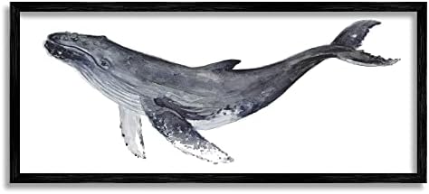 Stupell Iparágak Hosszúszárnyú Bálna Akvarell Festmény Vízi Állat Portré Fekete Keretes Fali Művészet, 30 x 13, Szürke