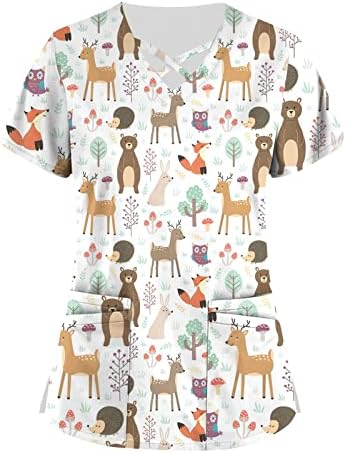 Ápolási Egyenruhát Pólók Női Állat Print V-Nyak Plus Size Munkaruha Póló, Rövid Ujjú Fér T-shirt Zsebbel