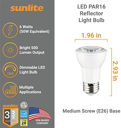 Sunlite 80547 LED PAR16 Reflektor Izzó, 6 Watt (50W=), 500 Lumen, Közepes E26 Bázis, Szabályozható, Öntött, 90 CRI, Energy Star, ETL Felsorolt,