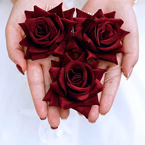 Easedaily Menyasszony Esküvői Haj Fésű Burgundi Vörös Rózsa Virág Menyasszonyi Haj Darab Virágos Mexikói Headpieces Oldalon Combs Haj Kiegészítők