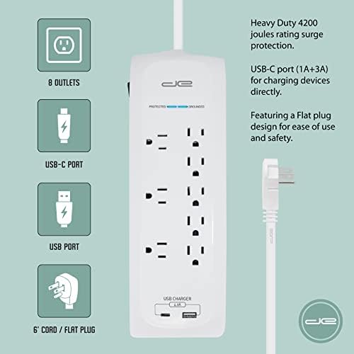 Digital Energy 8 Outlet túlfeszültségvédő elosztó 4200 Joule USB-C, USB-A , 3 Széles Távolságban, Üzletek, 6 Láb 14/3 AWG Vezeték, Fehér