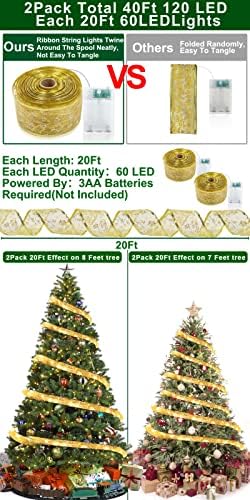 [ 2 Pack & Timer ] Szalag karácsonyfa Világítás Dekoráció Összesen 40 Ft 120 LED, Akkumulátoros Tündér String Fények, karácsonyfa