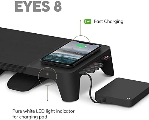 DUZZOGNI E8 Fekete Fa Asztal Monitor Állvány Kelő Polc + Qi 3.0 Gyors Vezeték nélküli Töltés Pad + USB-elosztó Állomás Laptop, iMac, PC,