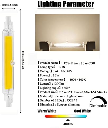 Edearkar R7S 118mm LED Izzó 15W J T3 Típusú Kettős Végű LED Szabályozható COB Árvíz Fény(150W Halogén Egyenértékű),118mm J-Típusú Természetes