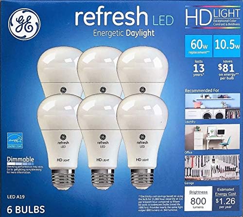 GE Frissítés Nagy Felbontású LED Izzó 10.5-watt 5000K Energikus Nappal Szabályozható 19 6-Pack
