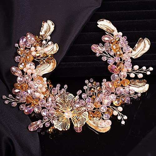 Teyglen Rózsaszín Strassz Kristály Nagy Fejpánt Haj Szőlő Arany Kézzel készített Esküvői Virág Fejpánt Luxus Esküvői Haj Darab Haj