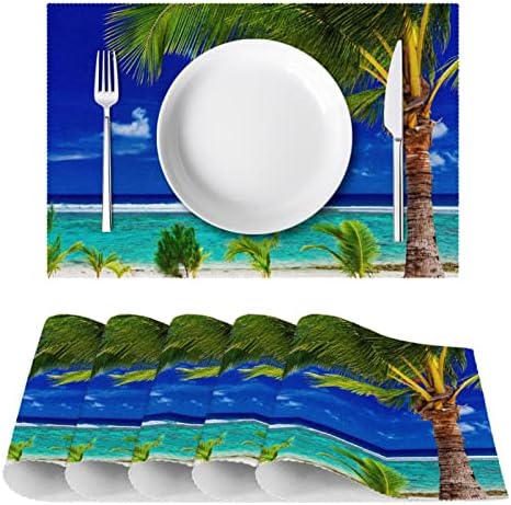 Placemats Készlet 4, Étkező Asztal Alátét, Mosható tányéralátétek, Trópusi Strand Pálma