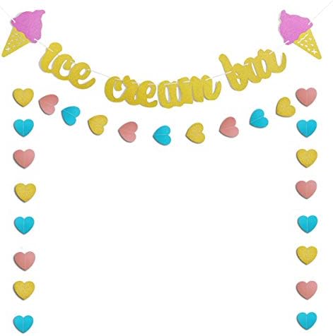 Arany Csillogó fagylalt, Bar & Ice Cream Jele, Banner, Rózsaszín, Kék, Arany Szív Papír Garland Szülinapi Buli Fagyit Téma Parti Nyári Buli