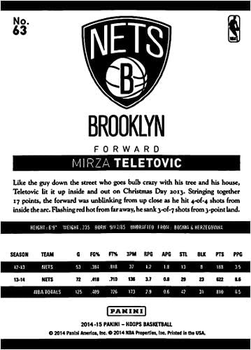 2014-15-ös Panini Karika 63 Mirza Teletovic Brooklyn Nets Hivatalos NBA Kosárlabda Trading Card Nyers (NM vagy Jobb) Feltétel