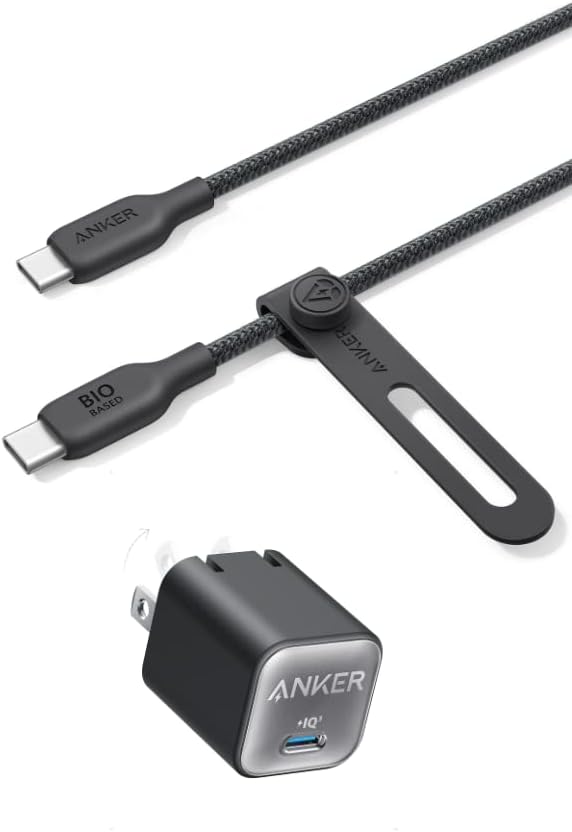 Anker 543 USB-C-USB-C Kábel (140W, 3ft), USB 2.0-Bio-Nylon töltőkábel & Anker USB-C GaN Töltő 30W, 511 Töltő (Nano 3), PIQ