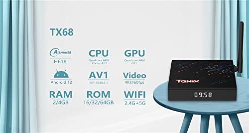 Android 12.0 TV Box,TX68 4 GB RAM, 32 GB ROM H618 Quad-Core 64 bites CPU Támogatás WiFi6 Kettős 2.4 G/5.8 G WiFi, Ethernet BT5.0 4K