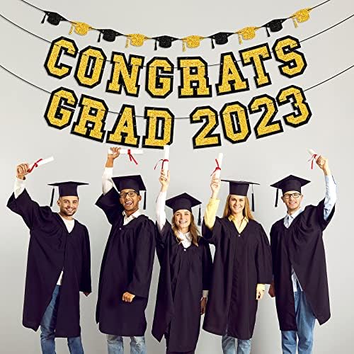 Congrats Grad 2023 Banner Fekete-Arany Csillogó Ballagás Dekoráció Osztály 2023 Fél Banner az Egyetemi Osztály 2023 Dekoráció