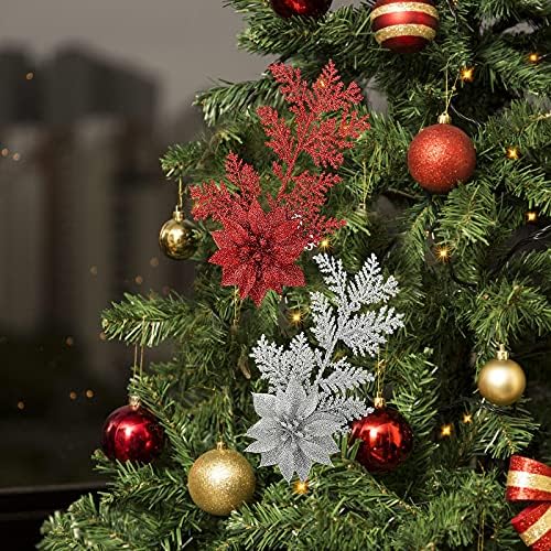 Tökéletes Karácsonyi dekorációs ajándék,6db Karácsonyi Mikulásvirág,11 hüvelyk karácsonyfa Díszítő Selyem Virág,Mesterséges Csillogás Karácsonyi