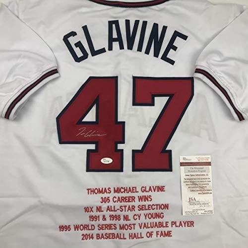 Dedikált/Aláírt Tom Glavine Atlanta Fehér Stat Baseball Jersey SZÖVETSÉG COA