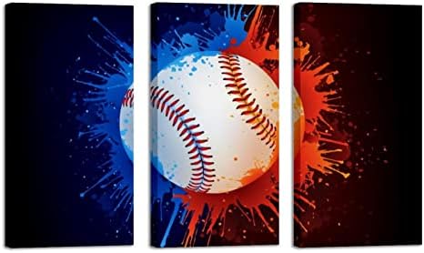 3 Panelek Keretes Vászon Wall Art Baseball Labda Színe Splash Festmények, Modern Otthon Art Kész Lógni 12x24