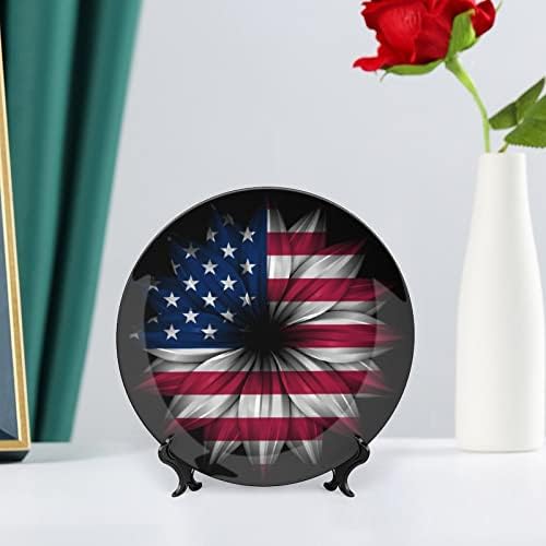 USA Zászló Napraforgó porcelán Díszítő Tányér, Kerámia lapok Kézműves Display Állvány Home Office Fali Dekoráció