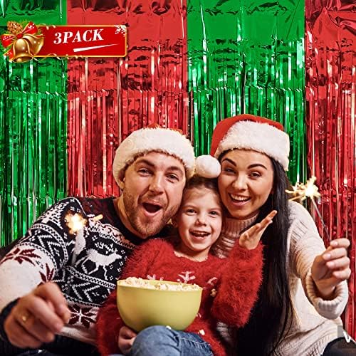 LYUBASA 3 Csomag Karácsonyi Party Dekoráció, Piros, Zöld, Csillogó Fólia béren kívüli Függöny,Ronda Pulóver téma Fotó Kellék Streamer