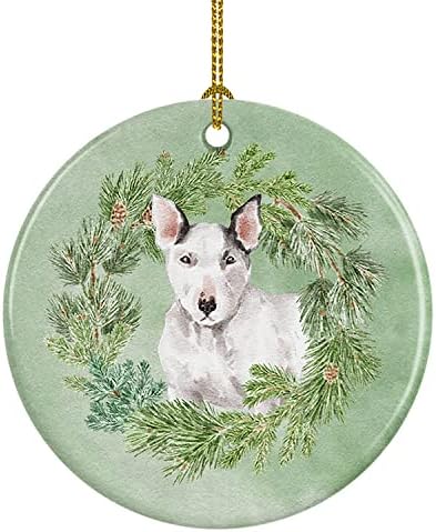 Caroline Kincsek CK8814CO1 Bull Terrier Fehér Karácsonyi Koszorú Kerámia Dísz, karácsonyfadísz Haza, Lógó Dísz, Karácsony, Nyaralás,