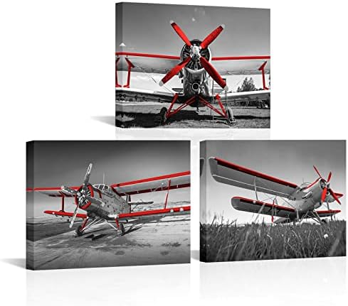 NutArtPic Repülőgép Vászon Wall Art Fekete Fehér Piros Mű Vintage Piros Jet Repülőgép Kép Retro Légiközlekedési Festmény Kiírja az