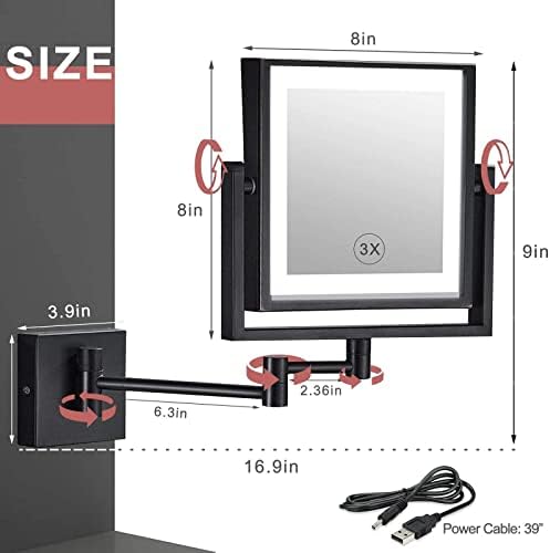 Falra Szerelhető Smink Tükör 3X Nagyítás,8 Inch Újratölthető Nagyító Kivilágított Hiúság Tükör, LED Világítás,Kétoldalas Szabályozható 360°